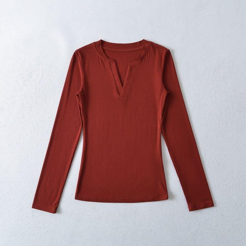 Long-Sleeve V-Neck Plain Tee Product Image