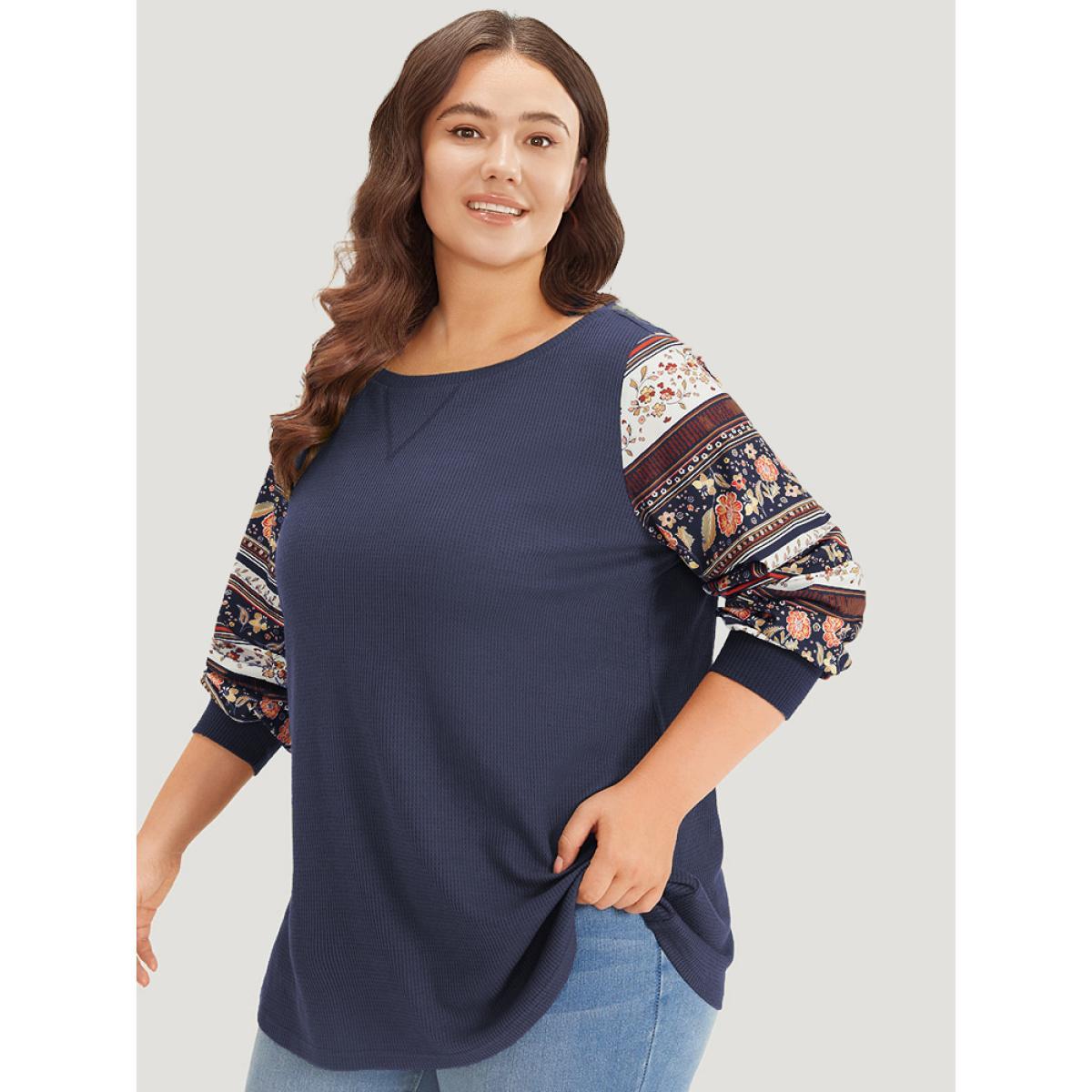 Plus Size Boho Print Patchwork Crew Neck Sweatshirt Women Scarlet Casual Elastic cuffs Round Neck Everyday Sweatshirts BloomChic 30/6X Product Image