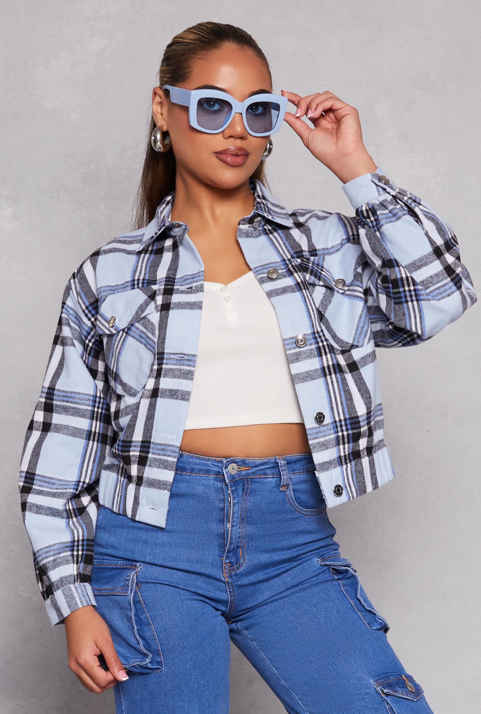 Womens Brushed Knit Plaid Cropped Shacket Product Image