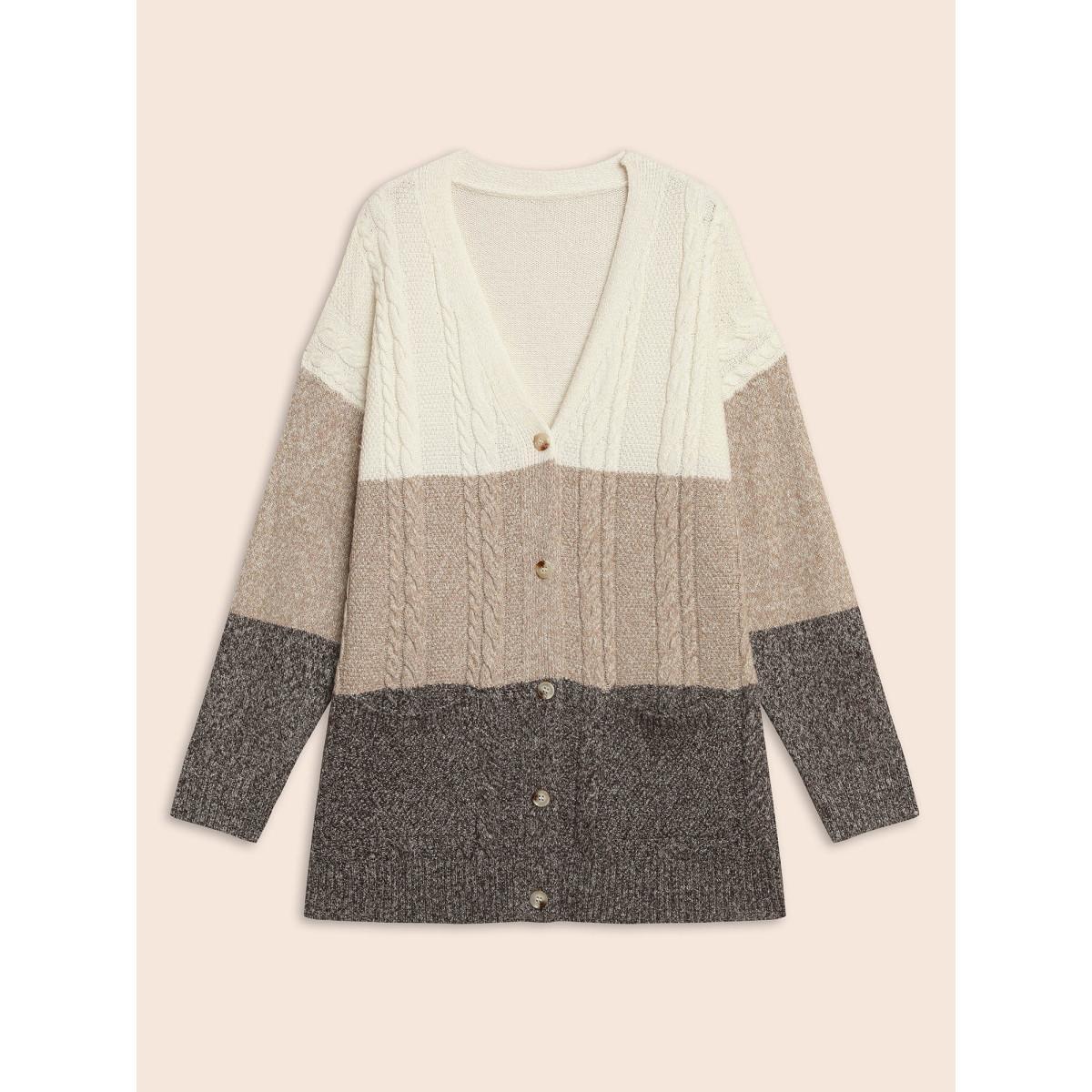 Plus Size Colorblock Contrast Cable Knit Cardigan Browncoffeecolor Women Casual Loose Long Sleeve Everyday Cardigans BloomChic 18-20/2X Product Image