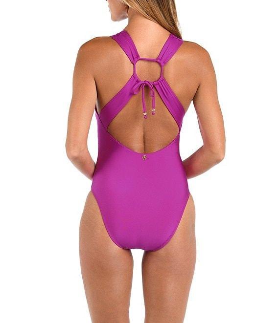 Sunshine '79 Solid Plunge V-Neck Shirred Tummy Control One piece Swimsuit Product Image