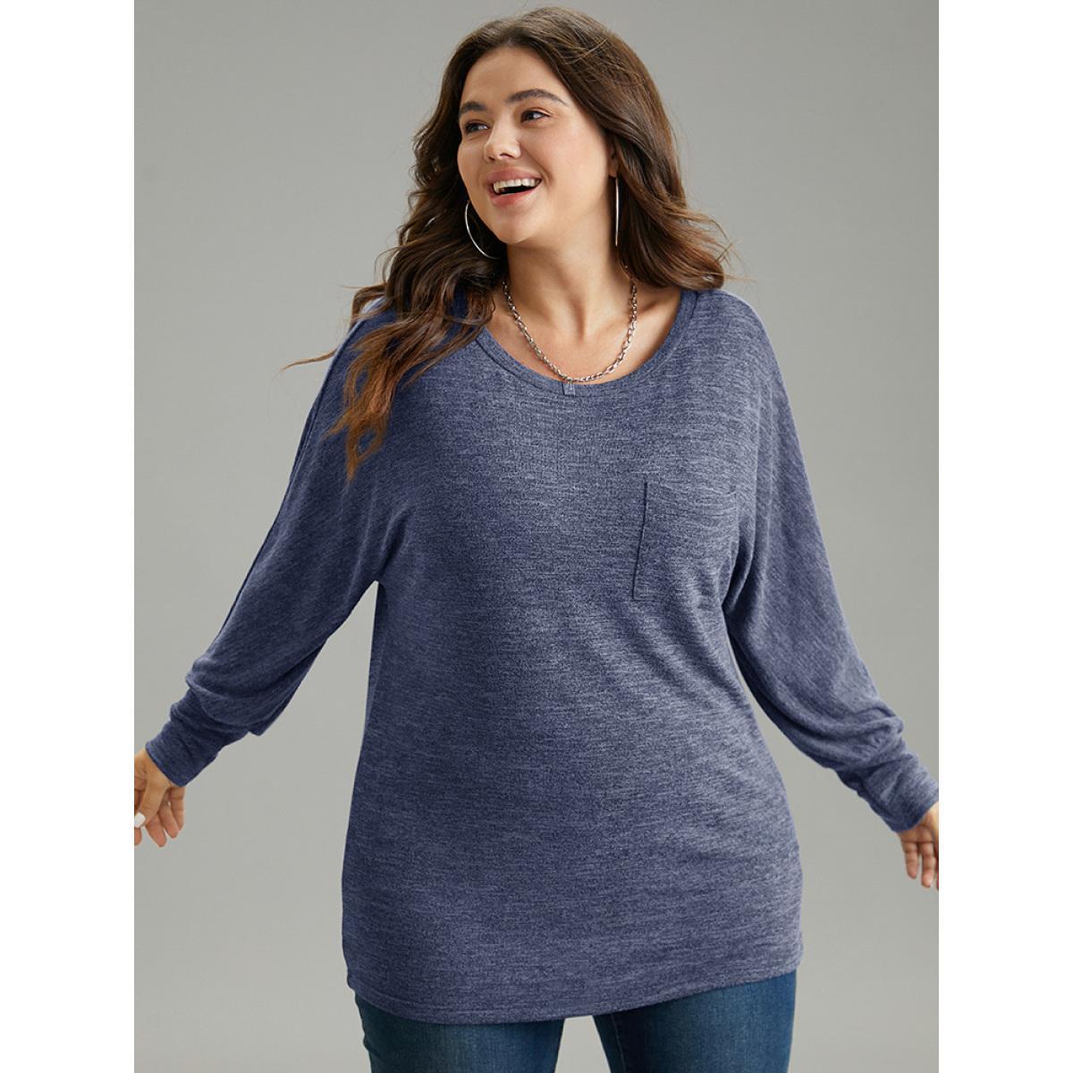 Plus Size Plain Heather Patched Pocket Dolman Sleeve T-shirt Blue Women Casual Plain Plain Round Neck Dailywear T-shirts BloomChic 12/L Product Image