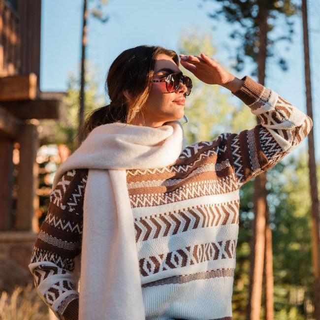 Extended Stay Brown Printed Crew Neck Sweater FINAL SALE Product Image