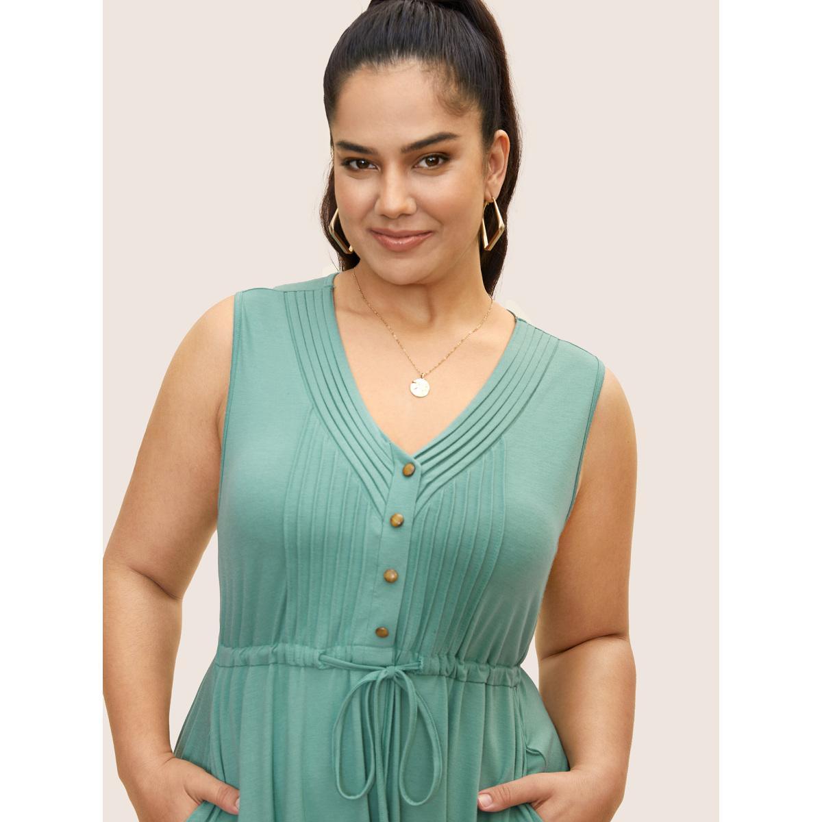 Plus Size V Neck Drawstring Button Detail Pleated Dress Mint Women Casual Pleated V-neck Sleeveless Curvy BloomChic 28/5X Product Image