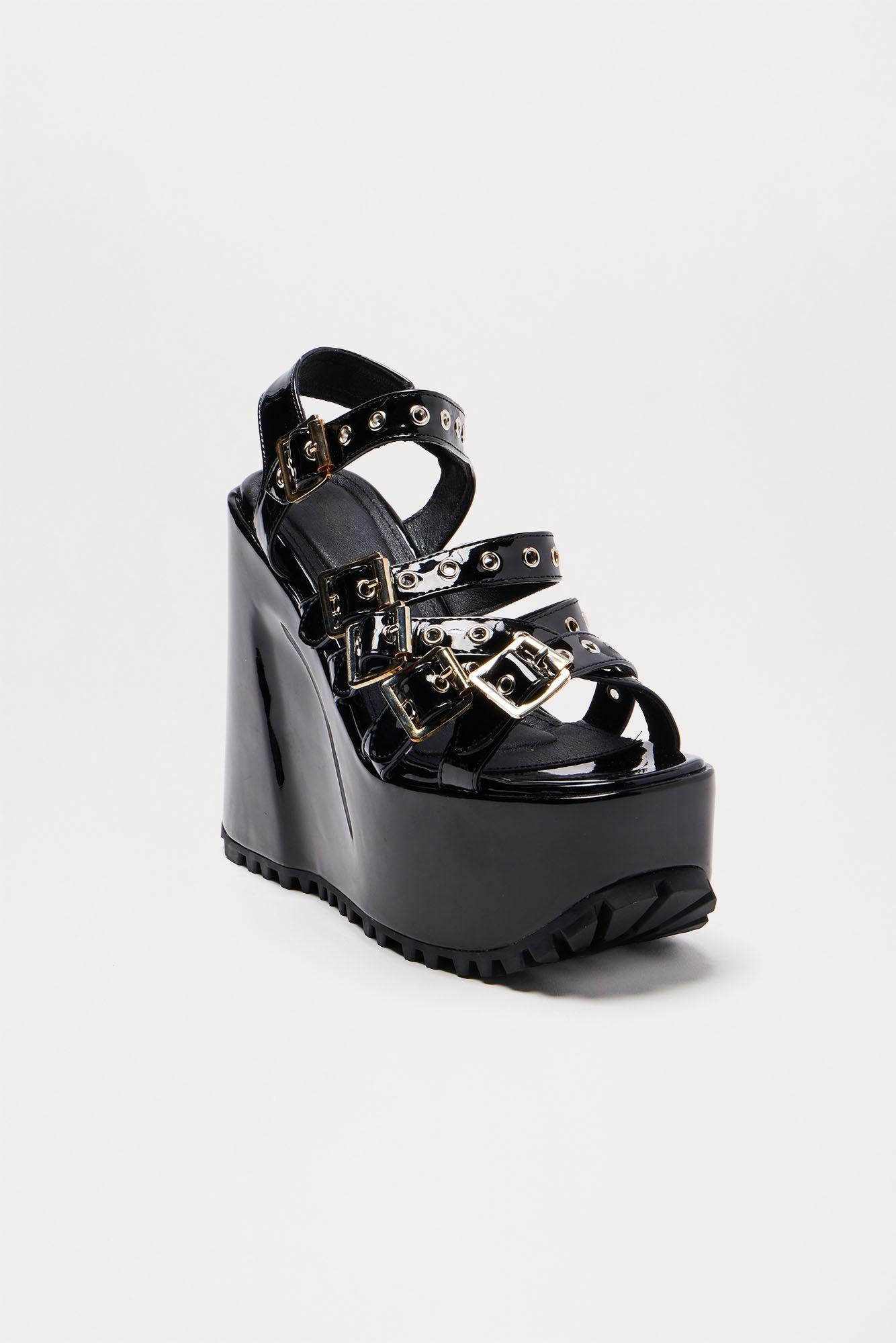 Mikey Buckle Platform Wedges - Black Product Image