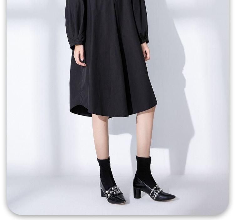 Long-Sleeve Stand Collar Plain Half-Buttoned Tunic Dress Product Image