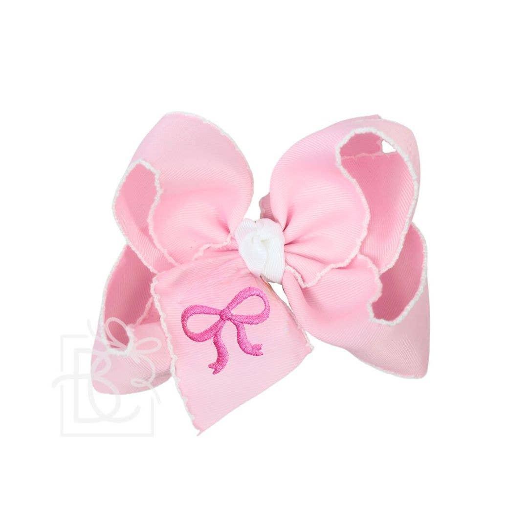 EMBROIDERED BOW CROCHET EDGE HAIR BOW ON ALLIGATOR CLIP : Light Pink w/ White Crochet Edge & Hot Pink Embroidered Bow / 5.5" Huge Product Image