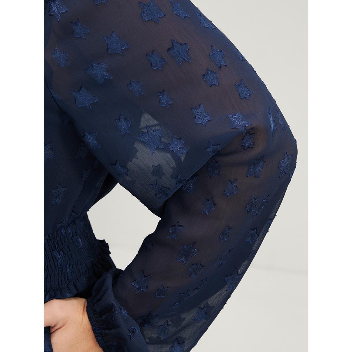 Plus Size Star Print Pocket Lantern Sleeve Shirred Chiffon Dress Navy Women Glamour Elastic Waist V-neck Long Sleeve Curvy Knee Dress BloomChic 12/L Product Image