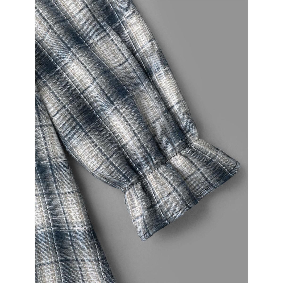 Plus Size Indigo Plaid Ruffle Trim Gathered Blouse Women Elegant Extra Long Sleeve Round Neck Everyday Blouses BloomChic 14-16/1X Product Image