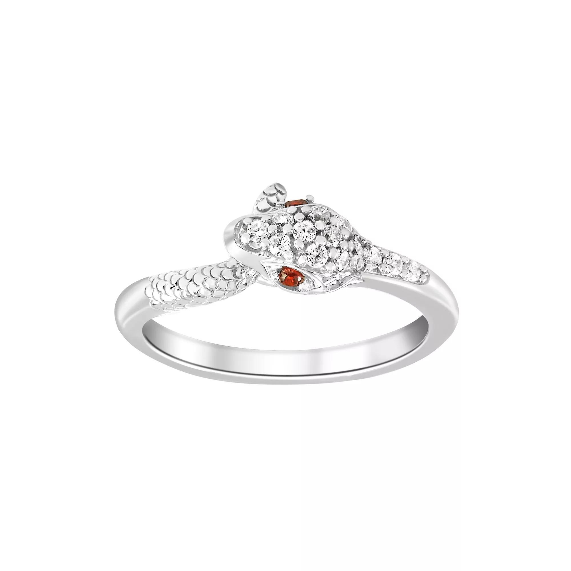 SIRI Sterling Silver Rhodium-Plated White Cubic Zirconia and Garnet Serpent Ring with Red Garnet Eyes, Women's, Size: 8 Product Image