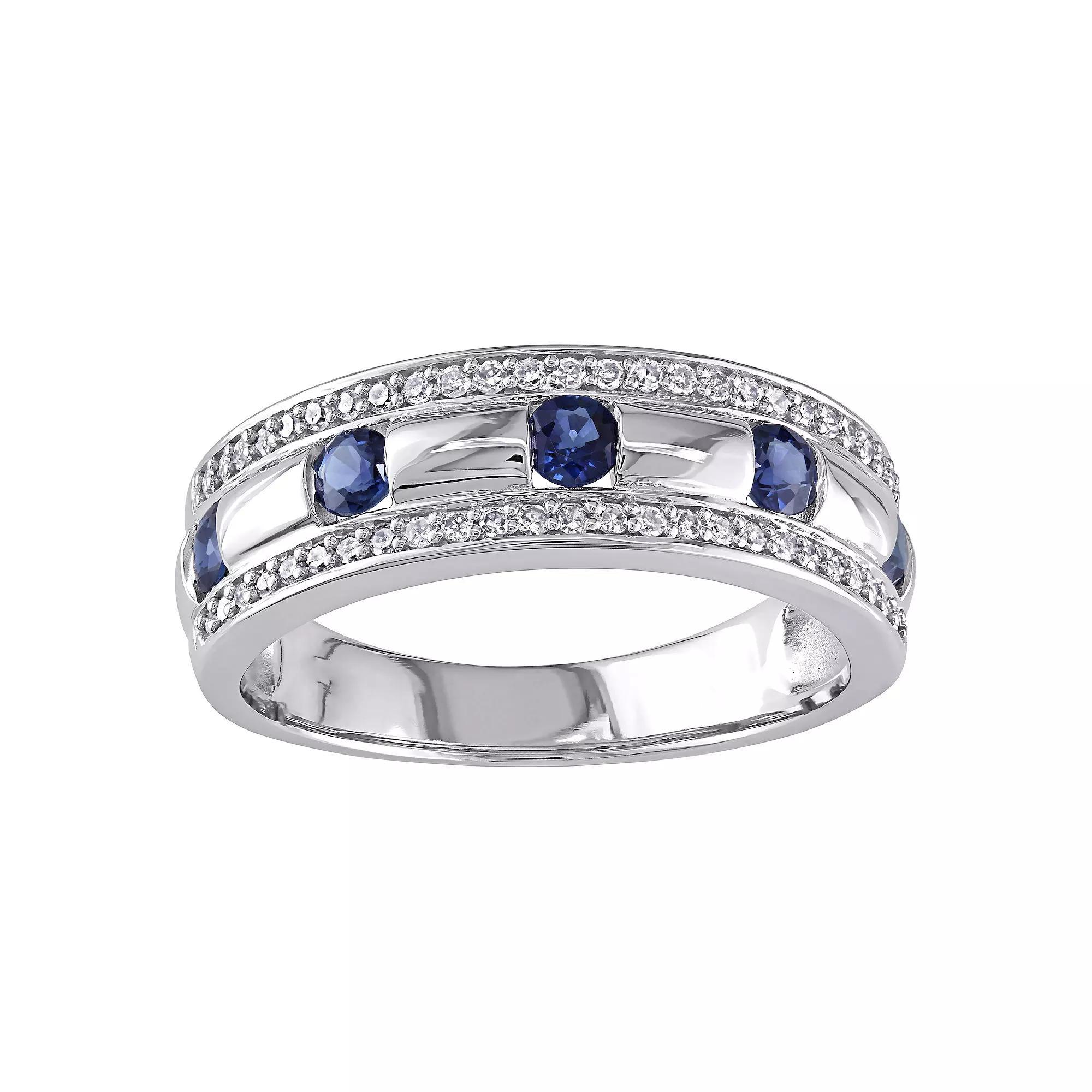 Stella Grace Men's 10k White Gold Sapphire & 1/4 Carat T.W. Diamond Wedding Band, Size: 12.50, 10k Whgold Product Image
