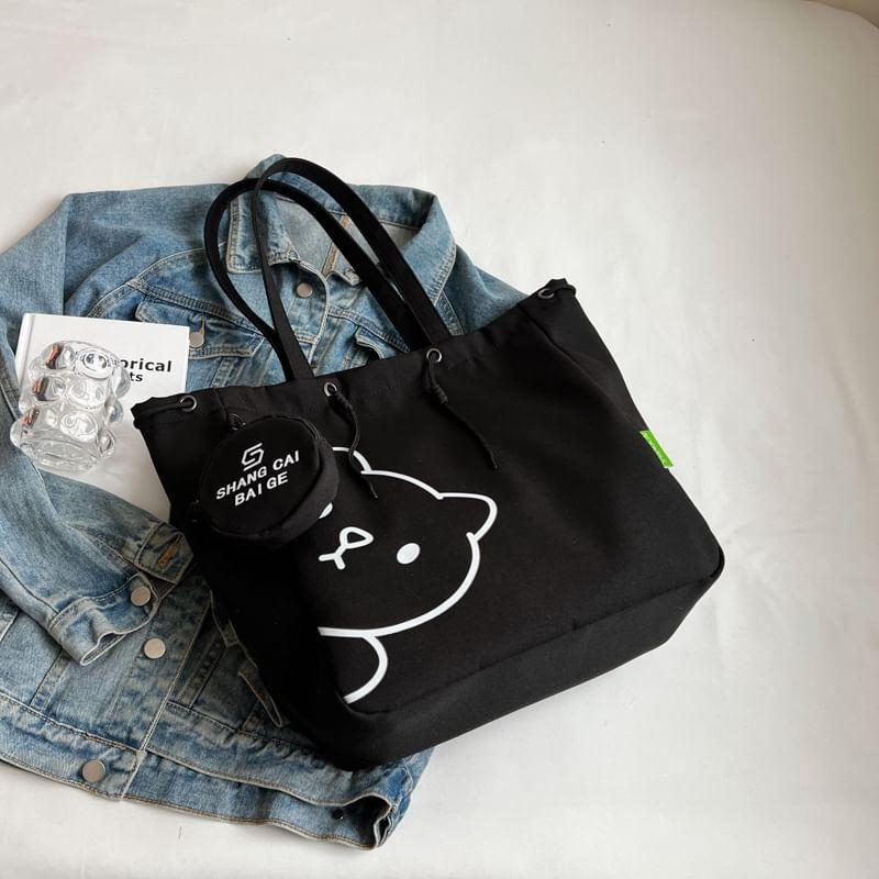Set: Bear Print Tote Bag + Lettering Coin Purse Product Image