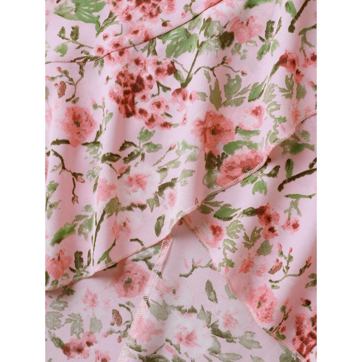 Plus Size Floral Print Wrap One-Shoulder Midi Dress Lightpink Women V-neck Cap Sleeve Curvy BloomChic 26/4X Product Image