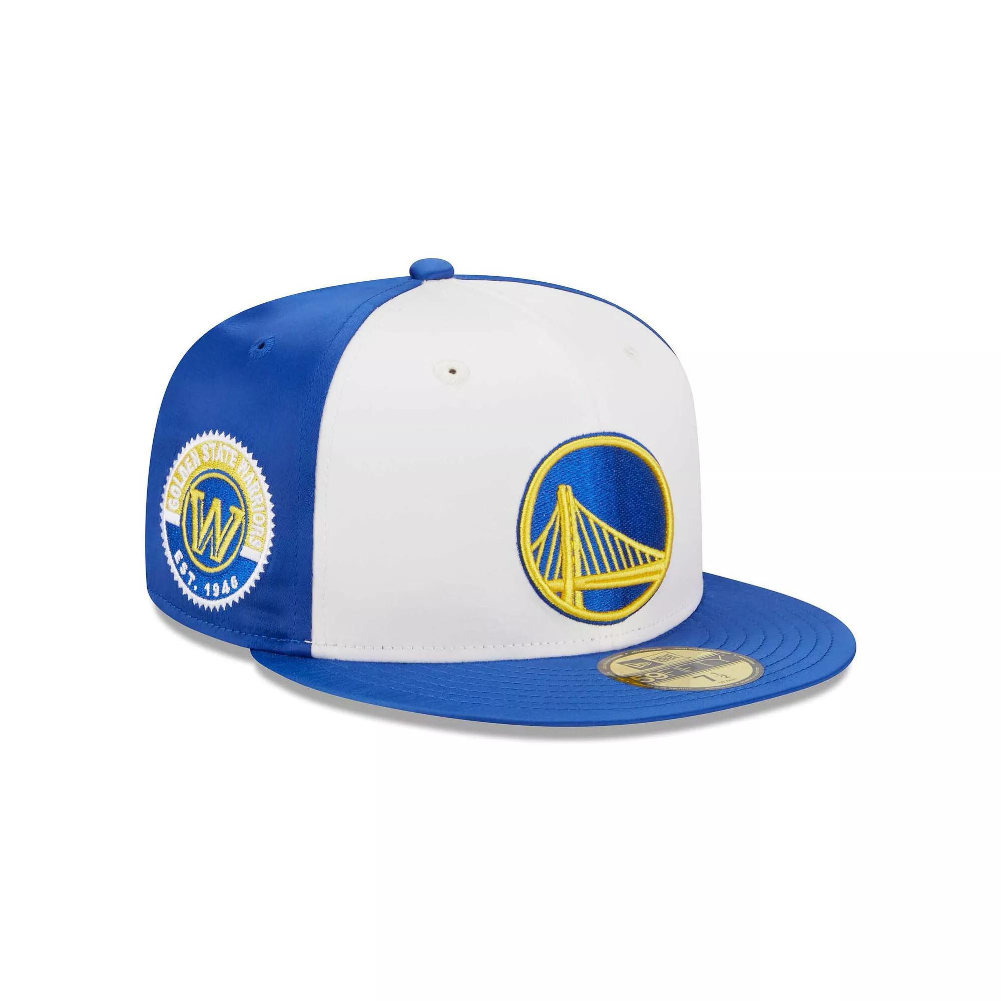 Men's New Era  White Golden State Warriors Throwback Satin 59FIFTY Fitted Hat, Size: 7 1/2 Product Image