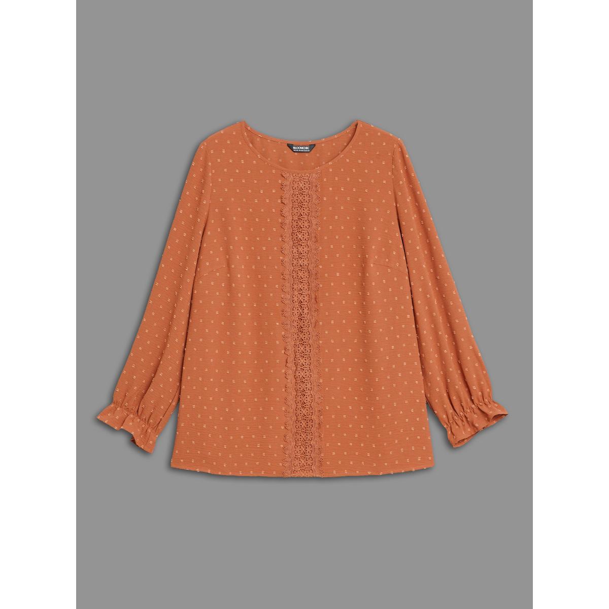 Plus Size Rust Textured Lace Panel Lantern Sleeve Blouse Women Elegant Long Sleeve Round Neck Everyday Blouses BloomChic 18-20/2X Product Image