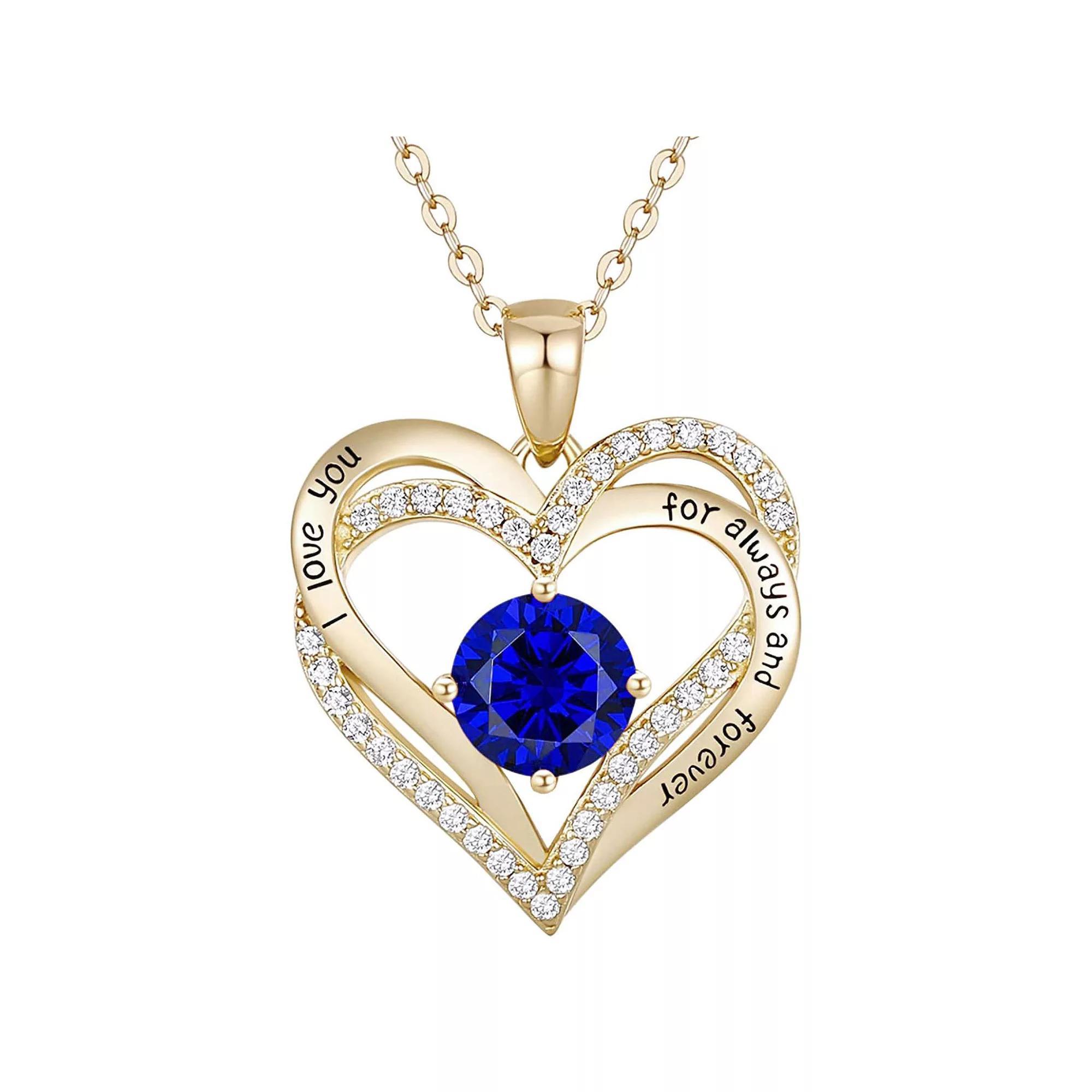 14k Gold Plated Cubic Zirconia I Love You Heart Pendant Necklace, Womens Gold Tone Blue Product Image
