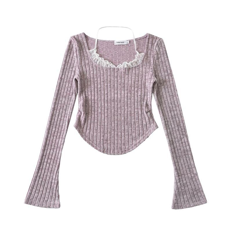 Flared-Sleeve Scoop Neck Plain Ribbed Lace Trim Asymmetrical Tee Product Image