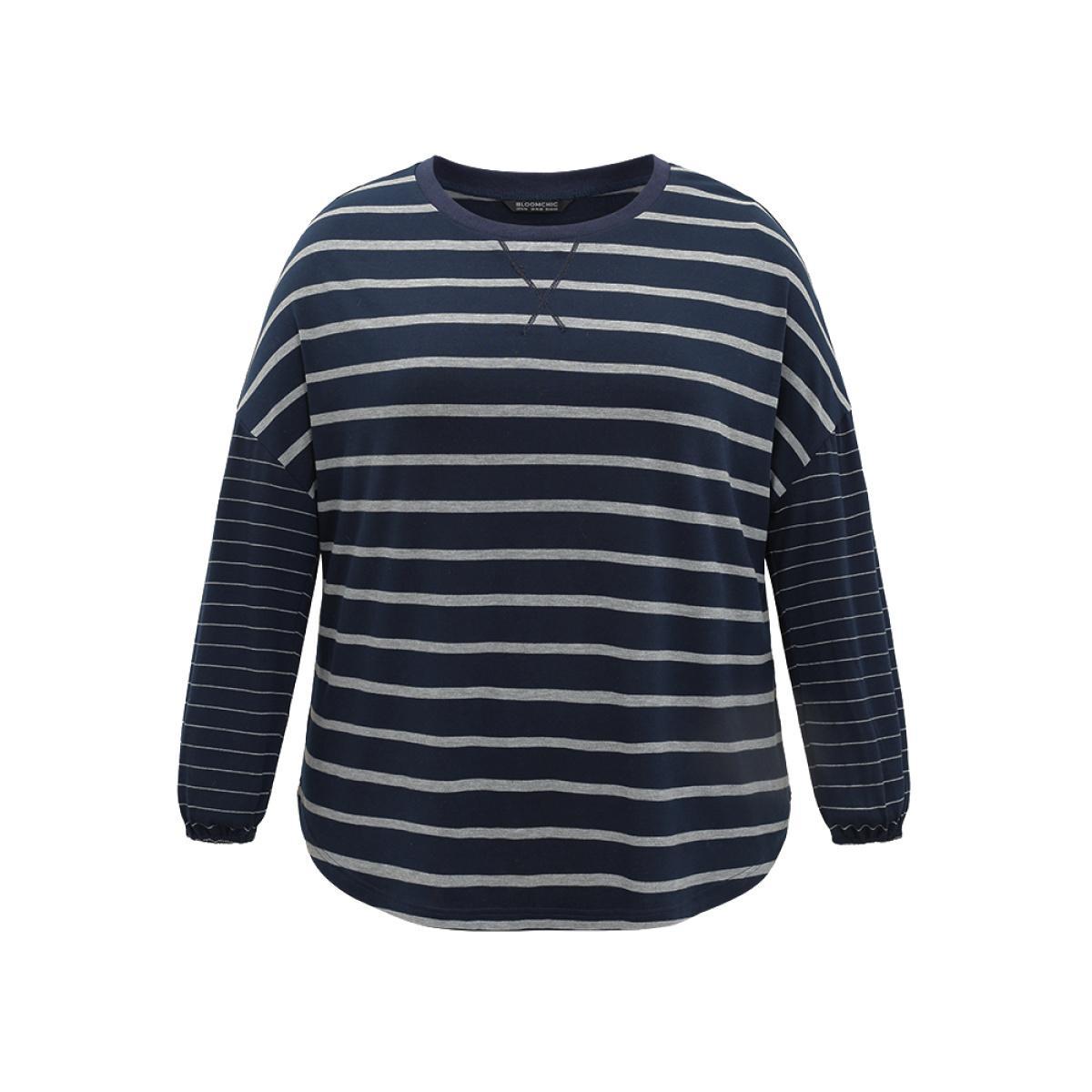 Plus Size Striped Patchwork Curved Hem Stitch T-shirt DarkBlue Women Casual Elastic cuffs Striped Round Neck Dailywear T-shirts BloomChic 10/M Product Image