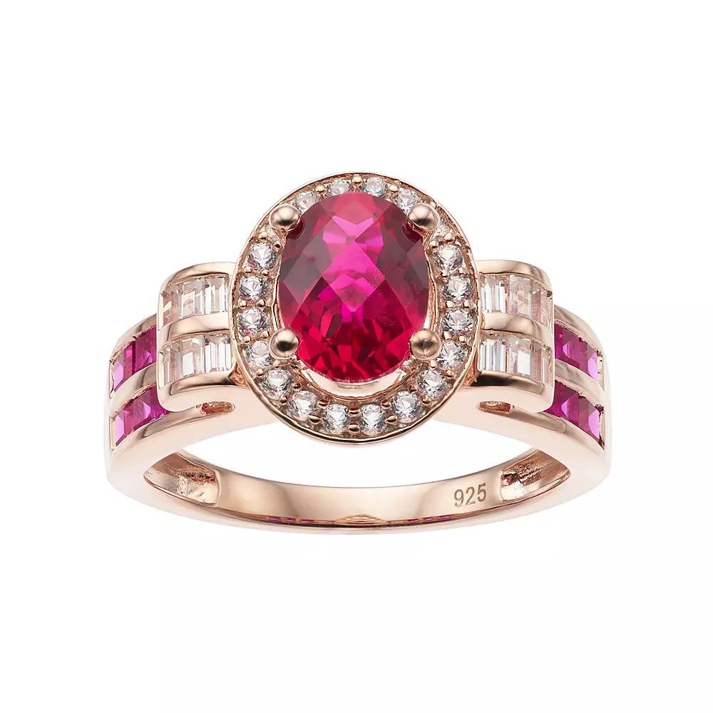 14k Rose Gold Over Silver Lab-Created Ruby & White Sapphire Oval Halo Ring, Women's, Size: 6, Pink Tone Product Image