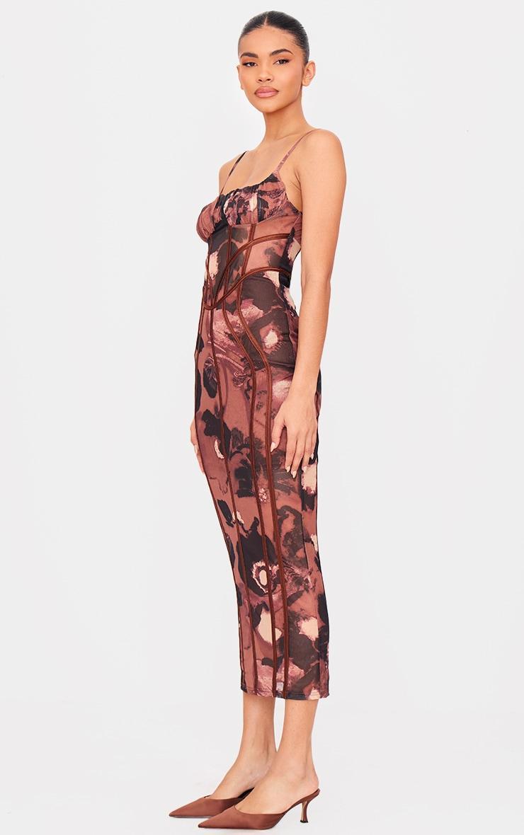 Chocolate Floral Print Mesh Binding Detail Midaxi Dress Product Image
