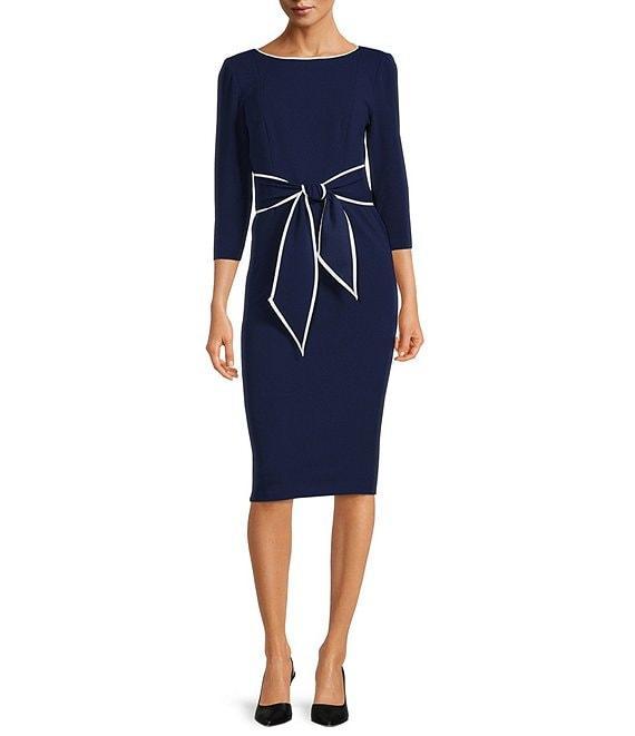 Adrianna Papell Contrasting Trim Boat Neck 3/4 Sleeve Tie Waist Crepe Sheath Dress Product Image