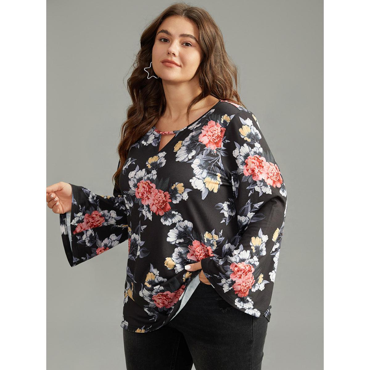 Plus Size Floral Keyhole Ruffle Sleeve T-shirt Multicolor Women Casual Printed Floral Keyhole Cut-Out Dailywear T-shirts BloomChic 30/6X Product Image