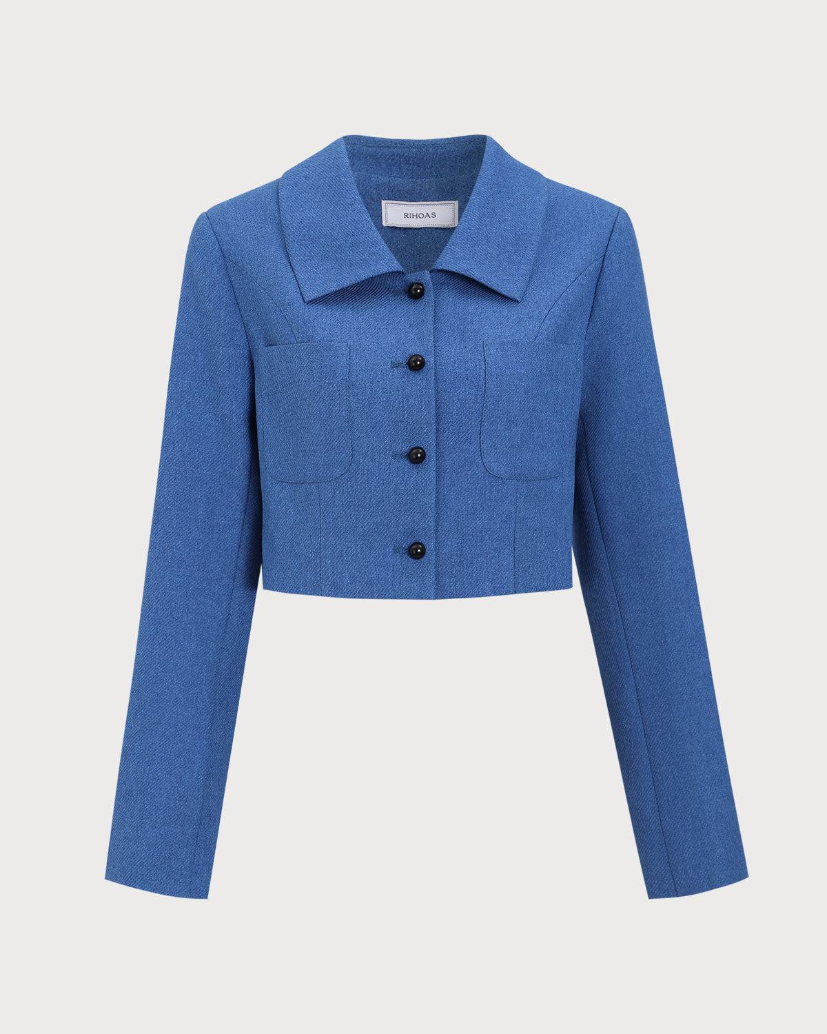 Blue Single-Breasted Pocket Crop Jacket Product Image