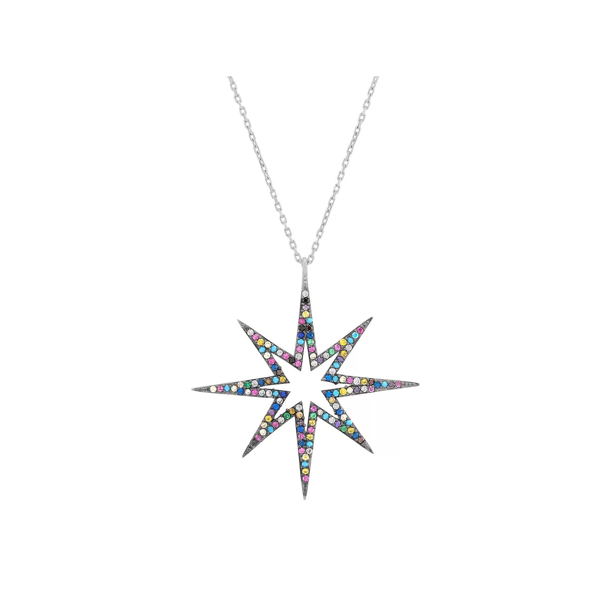 Sterling Silver Multi Color Cubic Zirconia Star Cable Chain Pendant Necklace, Womens Product Image