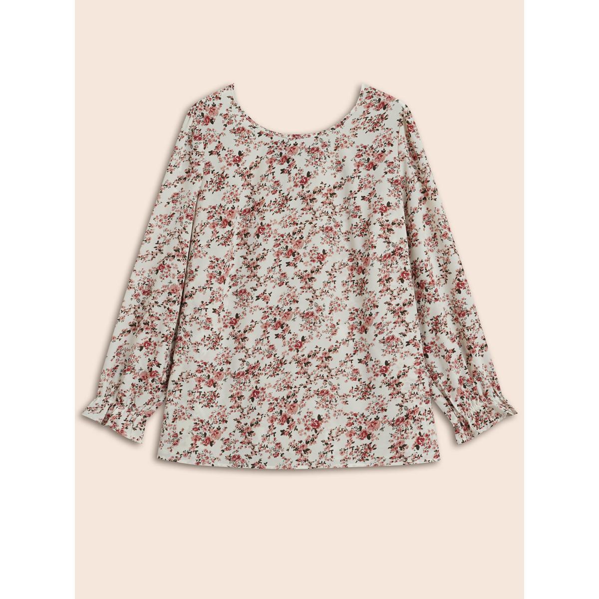 Plus Size Beige Back Lace Trim Ditsy Floral Print Blouse Women Elegant Long Sleeve Round Neck Everyday Blouses BloomChic 26/4X Product Image