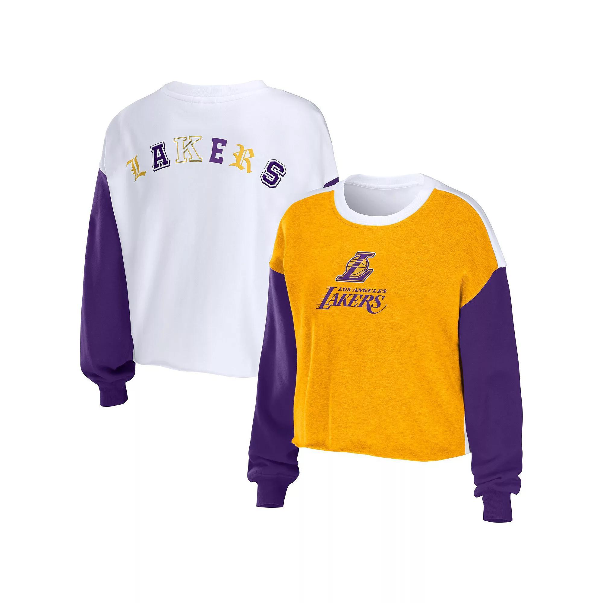 Women's WEAR by Erin Andrews Heather Gold Los Angeles Lakers Mixed Letter Cropped Pullover Sweatshirt, Size: Medium Product Image