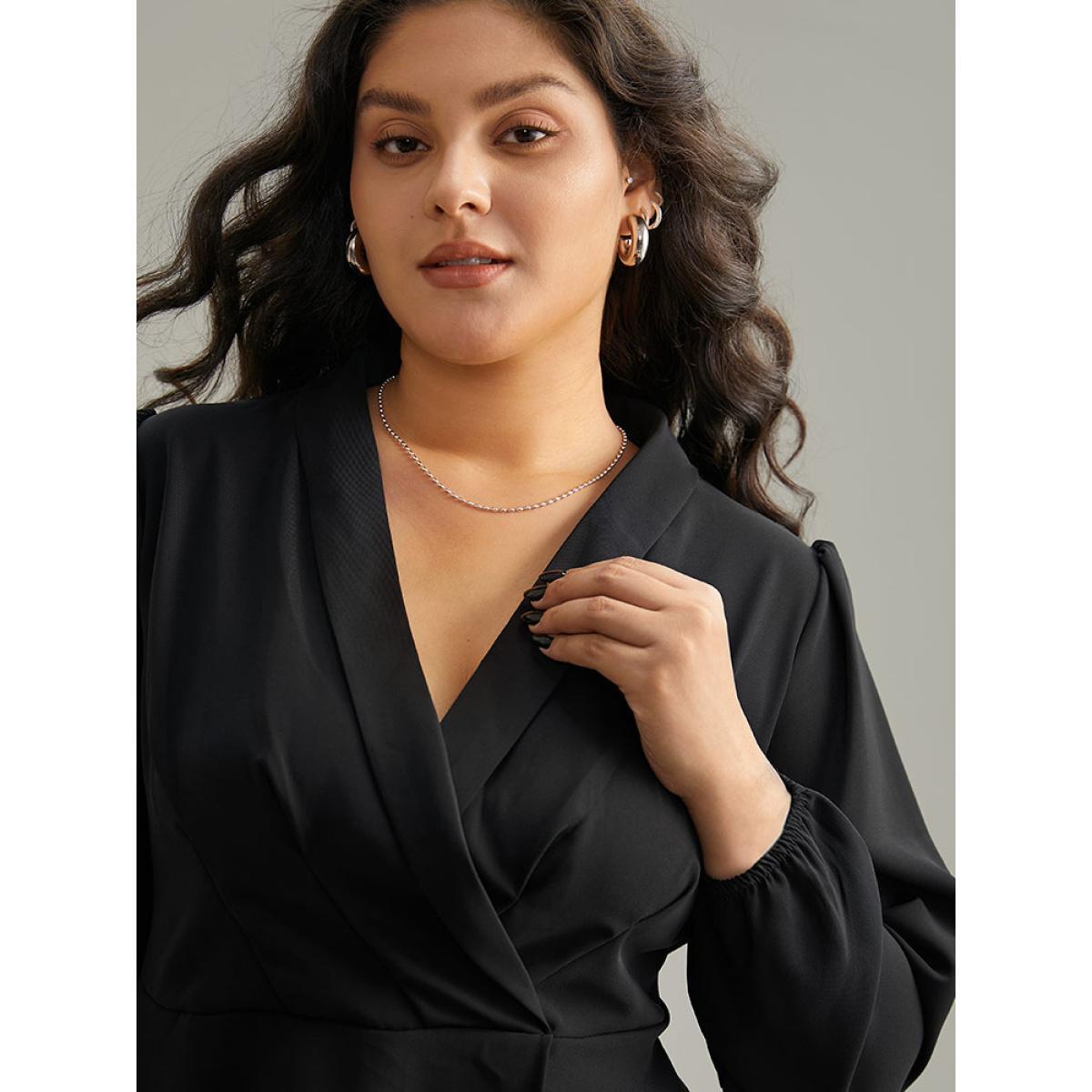Plus Size Black Static-Free Plain Pleated Wrap Blouse Women Office Long Sleeve V-neck Dailywear Blouses BloomChic 10/M Product Image