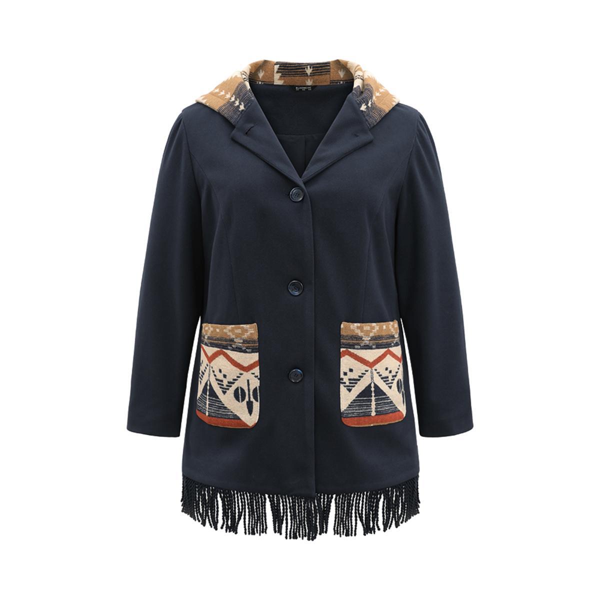 Plus Size Geometric Contrast Hooded Tassel Trim Coat Women Midnight Elegant Lined Ladies Dailywear Winter Coats BloomChic 30/6X Product Image