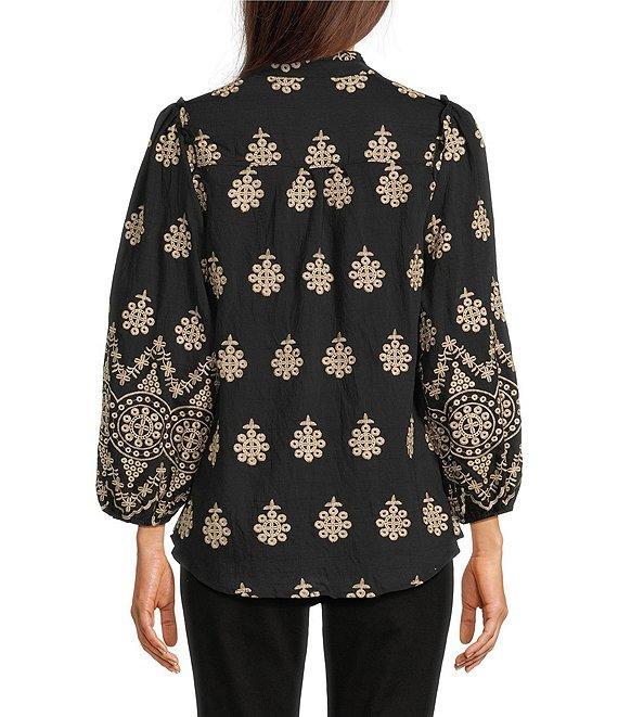 Calessa Embroidered Medallion Split V-Neck Wrist Sleeve Button Front Tunic Product Image