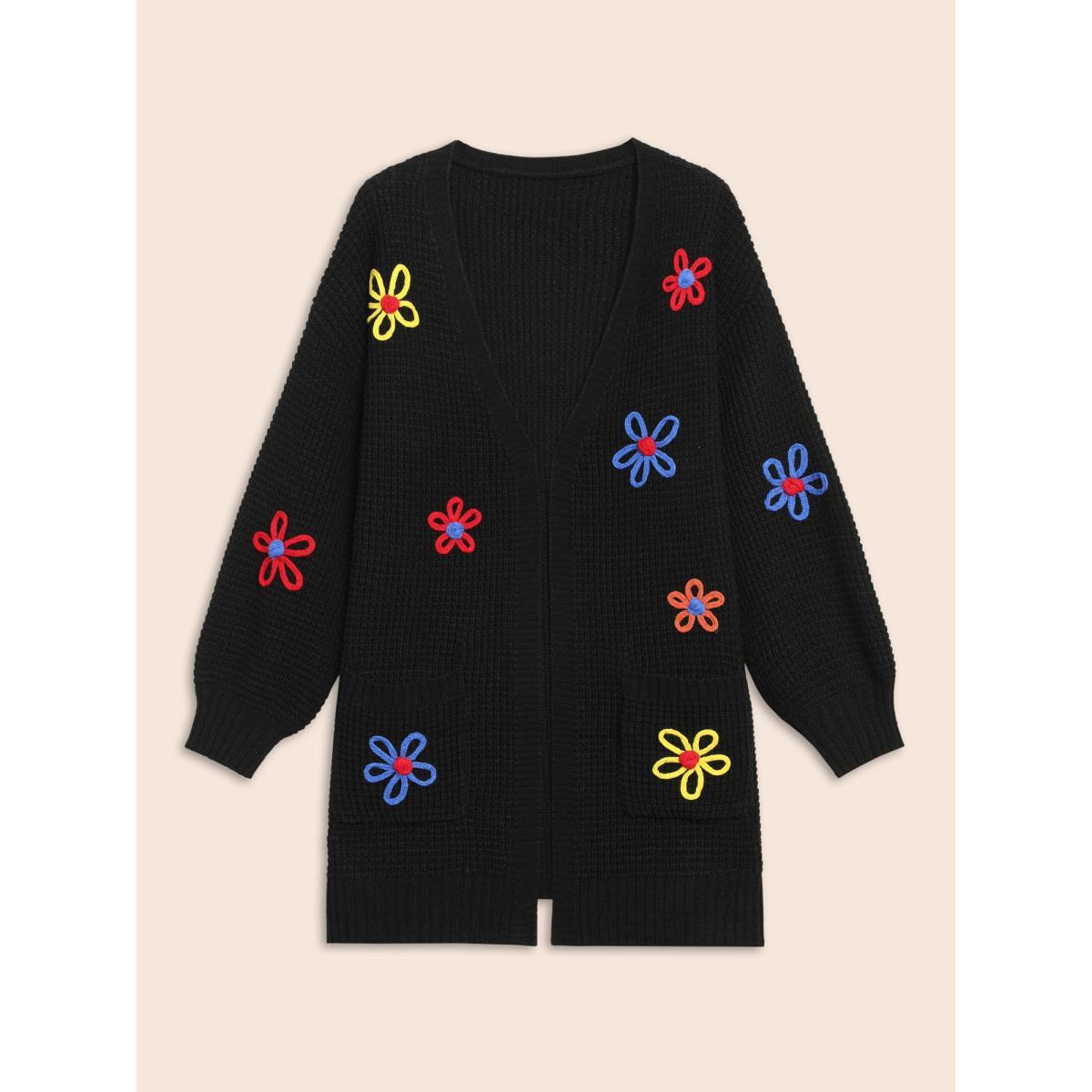 Plus Size Crochet Floral Puff Sleeve Pocket Cardigan Black Women Casual Loose Long Sleeve Everyday Cardigans BloomChic 14-16/1X Product Image