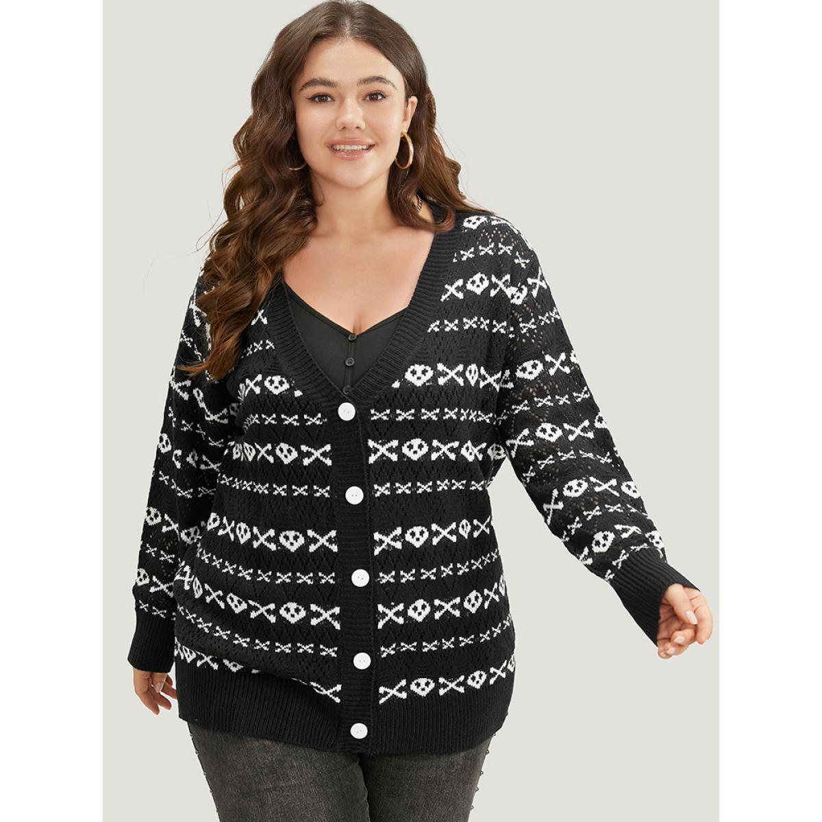 Plus Size Halloween Graphic Striped Button Up Cardigan Black Women Casual Loose Long Sleeve Festival-Halloween Cardigans BloomChic 28/5X Product Image