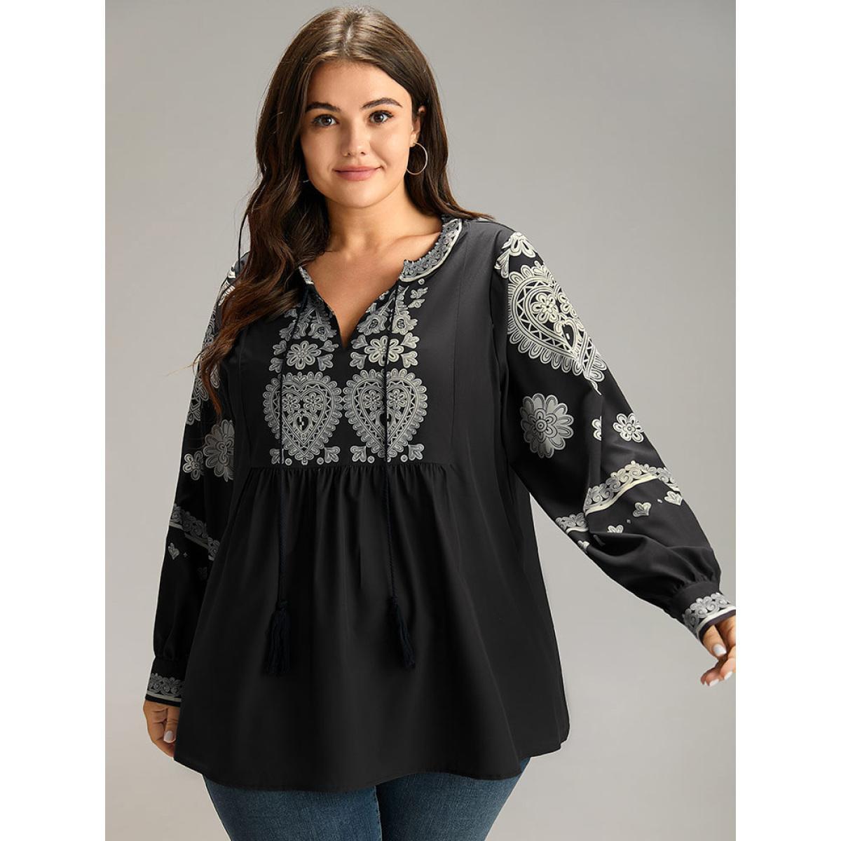 Plus Size BlackFlower Boho Print Tie Neck Tassel Gathered Blouse Women Vacation Long Sleeve Tie Neck Vacation Blouses BloomChic 12/L Product Image