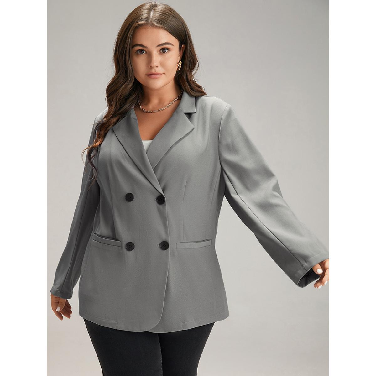 Plus Size Suit Collar Solid Double Breasted Blazer Gray Women Dailywear Plain Plain Sleeve Long Sleeve Suit Collar 30/6X Pocket Casual Blazers BloomChic Product Image