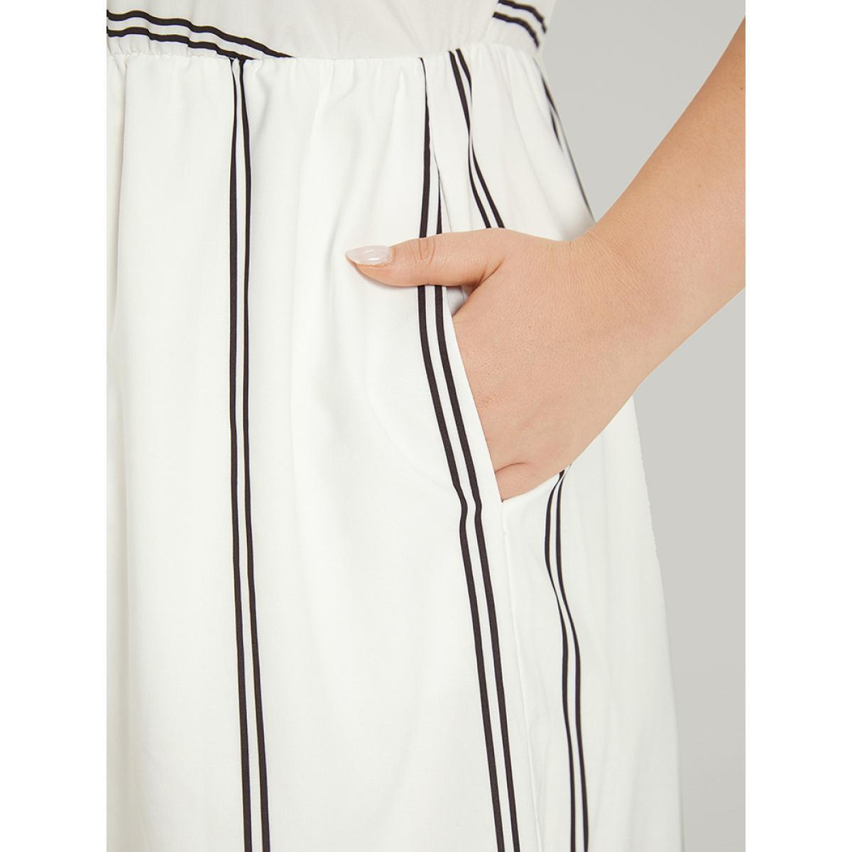 Plus Size Striped Pocket Button Detail Ruffle Elastic Waist Dress White Women Elegant Texture V-neck Sleeveless Curvy Knee Dress BloomChic 10/M Product Image