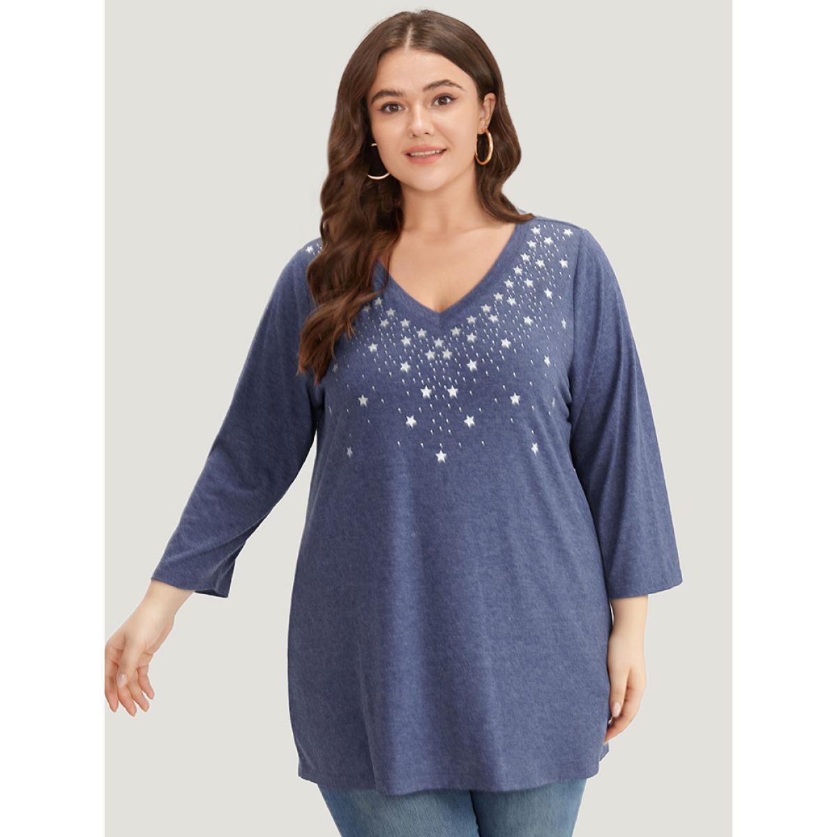 Plus Size Star Print V Neck T-shirt DarkBlue Women Casual Printed Star and moon V-neck Dailywear T-shirts BloomChic 22-24/3X Product Image