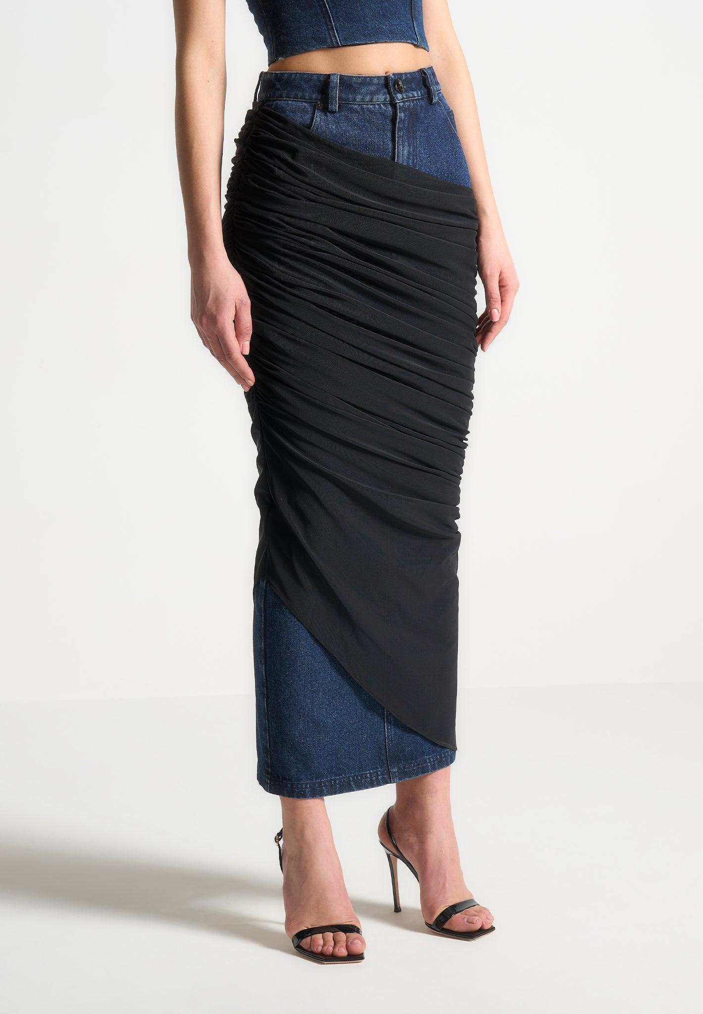Draped Mesh Denim Maxi Skirt - Indigo Female Product Image