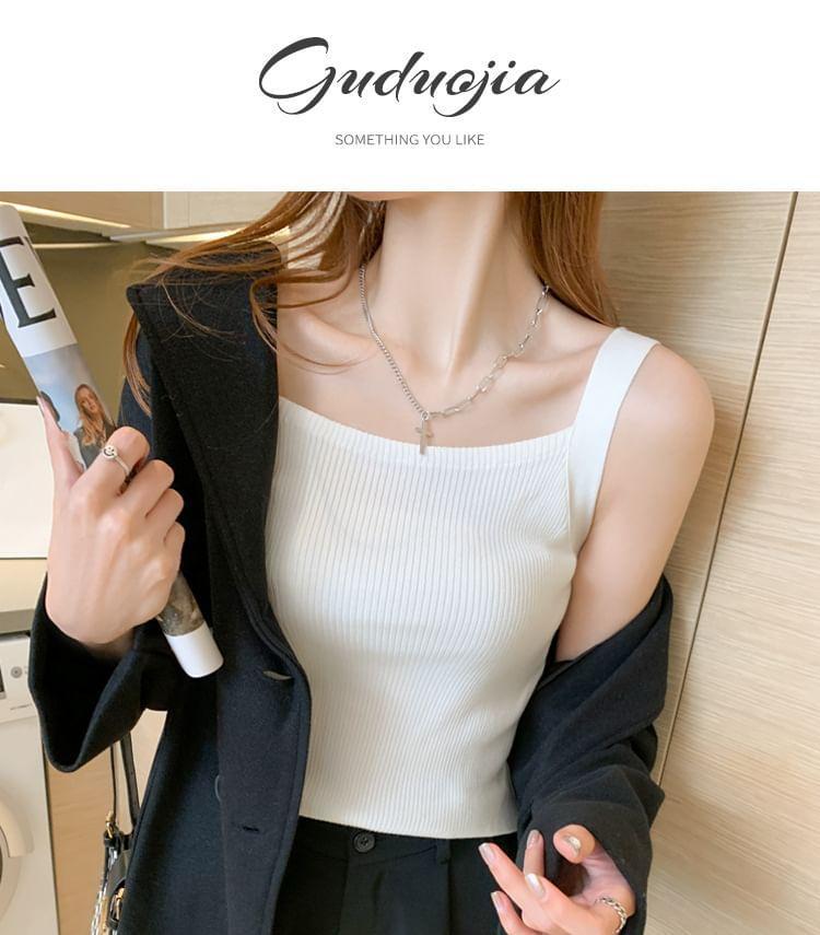 Square Neck Plain Ribbed Knit Tank Top Product Image