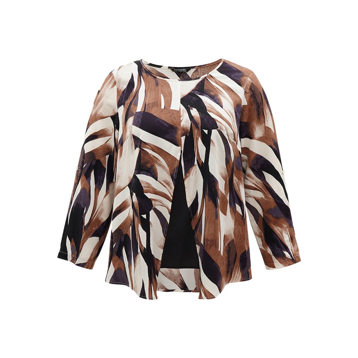 Plus Size DarkBrown Geometric Print 2-In-1 Split Round Neck Blouse Women Vacation Long Sleeve Round Neck Vacation Blouses BloomChic 18-20/2X Product Image