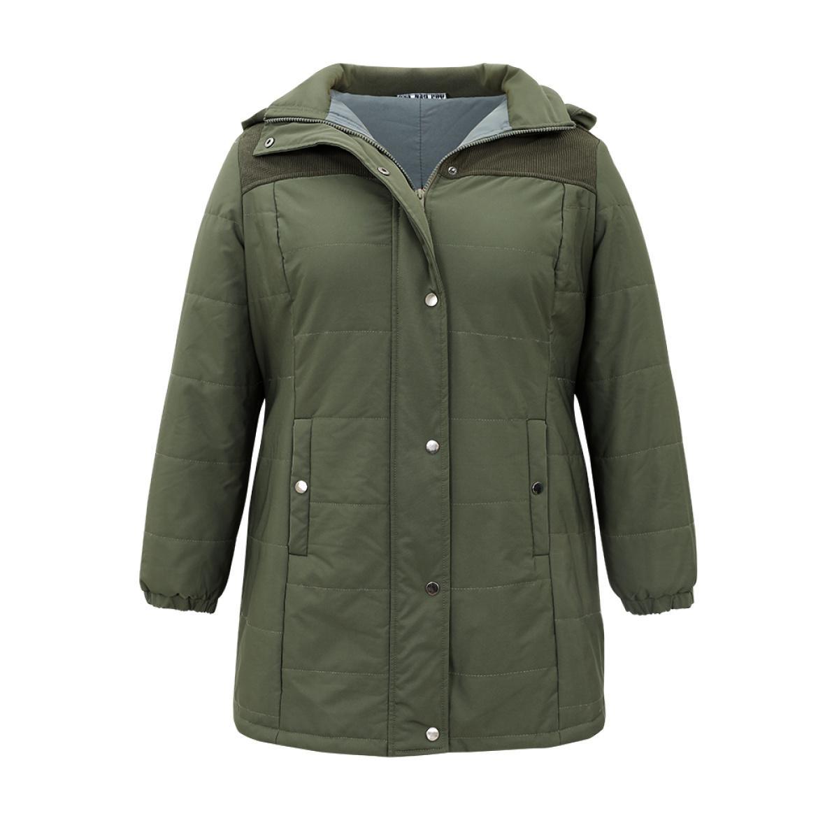 Plus Size Plain Patchwork Corduroy Zipper Padded Hooded Jacket Women ArmyGreen Lined Pocket Everyday Jackets BloomChic 18-20/2X Product Image