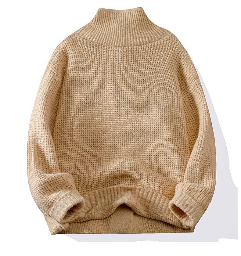 Stand Collar Plain Waffle Button-Up Cardigan Product Image