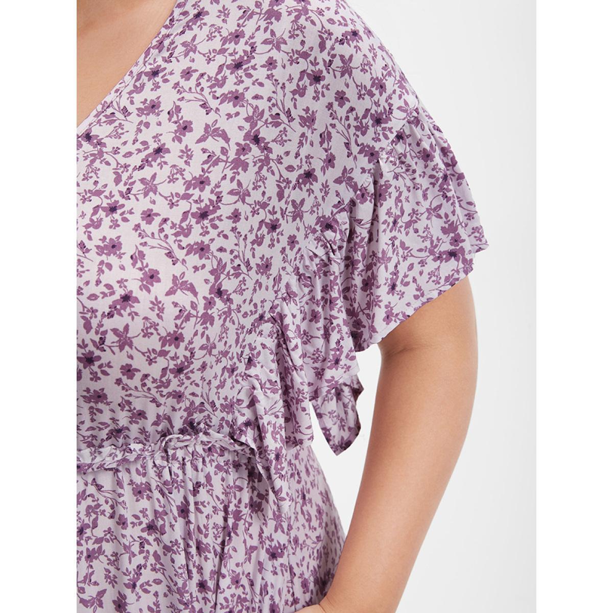 Plus Size Ditsy Floral Ruffles Pocket Button Split Maxi Dress Plum Women Elegant Printed V-neck Cap Sleeve Curvy Long Dress BloomChic 28/5X Product Image