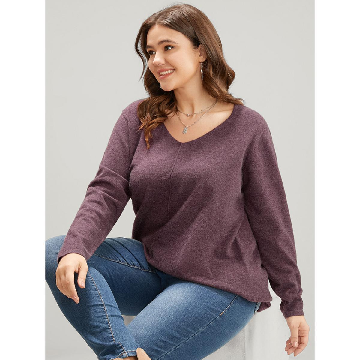 Plus Size Solid Pointelle Knit V Neck Heather Knit Top Russet Women Casual Loose Long Sleeve V-neck Dailywear Pullovers BloomChic 26/4X Product Image