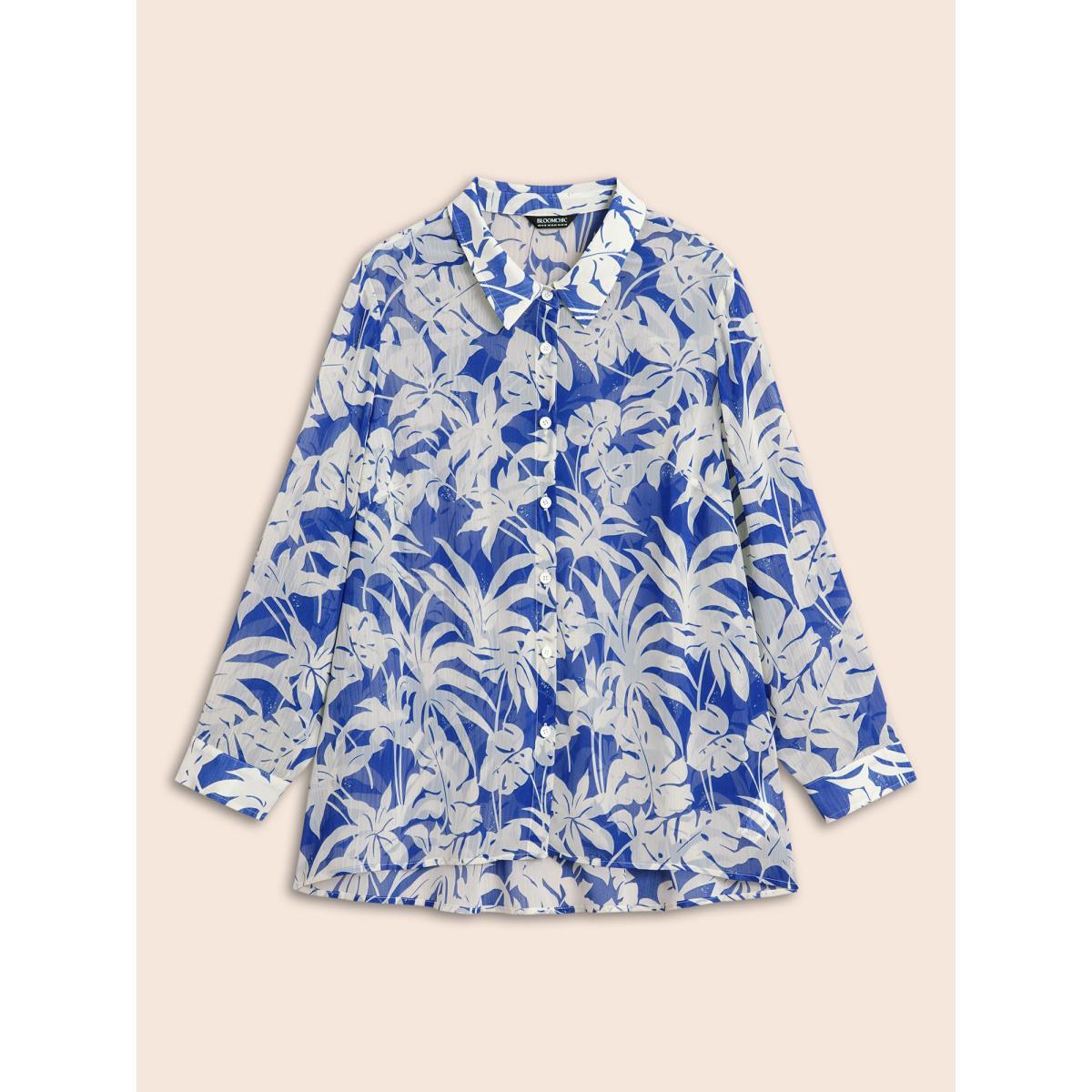 Plus Size Brightblue Silhouette Floral Print Shirt Collar Blouse Women Work From Home Long Sleeve Shirt collar Work Blouses BloomChic 30/6X Product Image