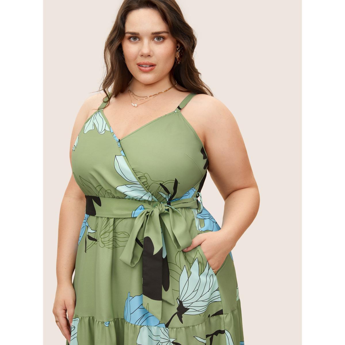 Plus Size Floral Print Wrap Ruffle Layered Hem Cami Dress Mint Women Elegant Overlapping Overlap Collar Sleeveless Curvy Midi Dress BloomChic 18-20/2X Product Image