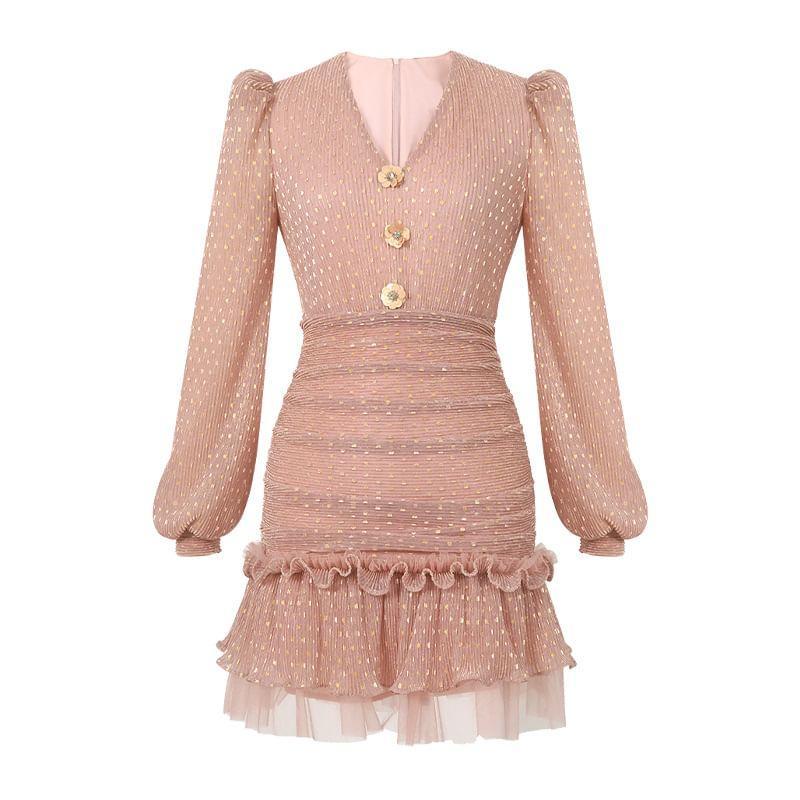 Long-Sleeve V-Neck Flower Accent Ruffle Trim Mesh Mini Sheath Dress Product Image