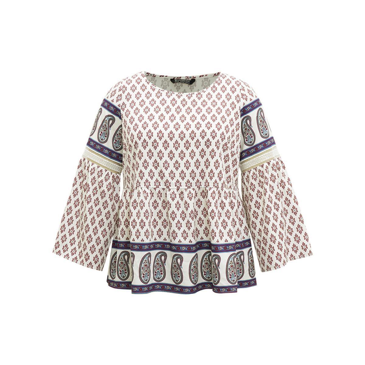 Plus Size Beige Boho Print Patchwork Lace Crew Neck Flutter Sleeve Blouse Women Vacation Long Sleeve Round Neck Vacation Blouses BloomChic 22-24/3X Product Image